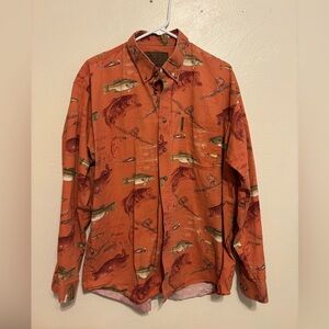Casual Orange Button Down Shirt with Fish Print